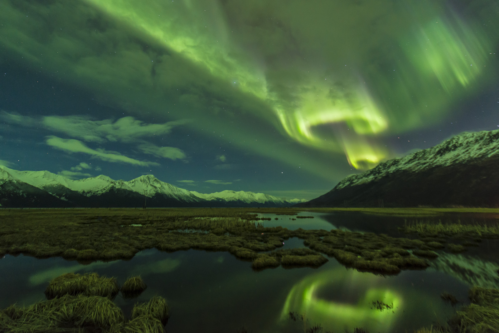 The Aurora Borealis lighting up the sky over an icy landscape